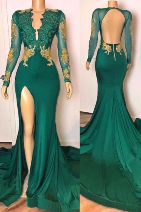 Mermaid Green Long Sleeve Evening Dresses With Lace Applique