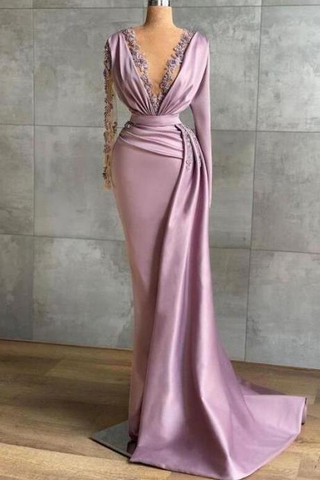 Modest A Line Purple Evening Dress With Lace