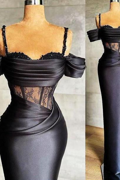 Modest A Line Straps Black Evening Dresses, Lace Party Dress