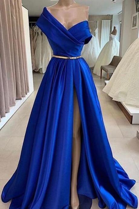 One Shoulder Royal Blue Satin Prom Dress