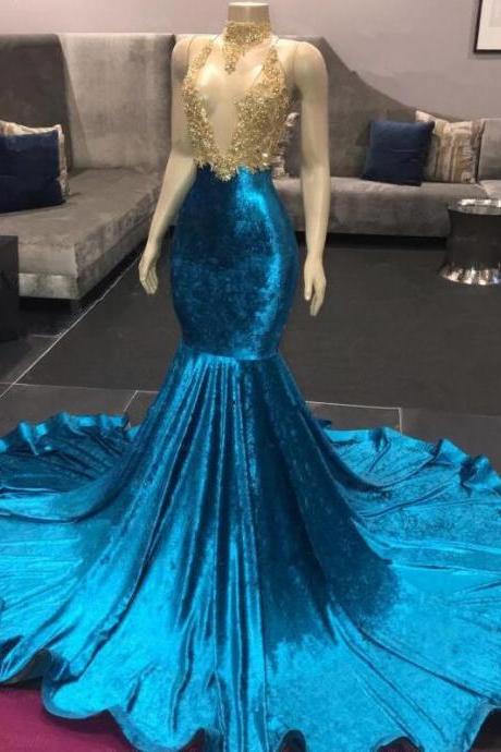 Luxury High Neck Blue Evening Dress With Gold Lace