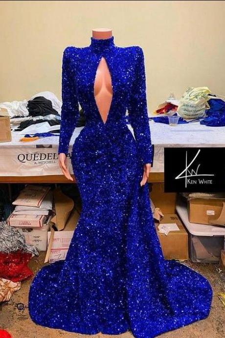 Sparkly Royal Blue Glitter Evening Dres With High Neck