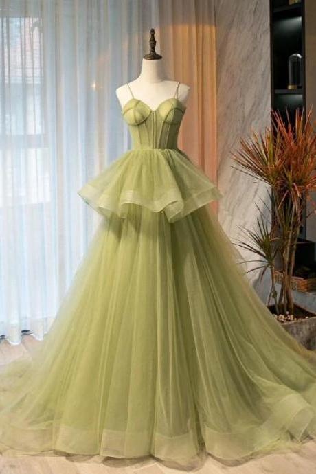 Simple Ball Gown Green Tulle Prom Dresses