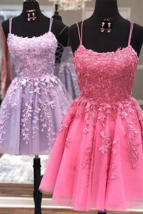 Cute Short Lace Applique Prom Dresses, 2023 Homecoming Dresses