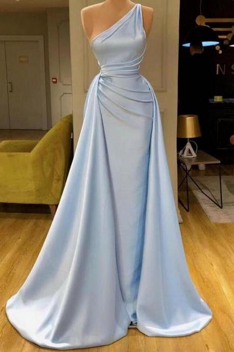 Simple One Shoulder Blue Stain Prom Dresses