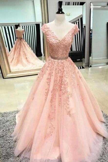A Line V Neck Pink Prom Dress With Lace Applique