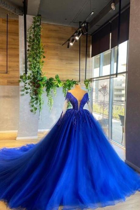 Elegant Royal Blue Beaded Prom Dresses Ball Gown