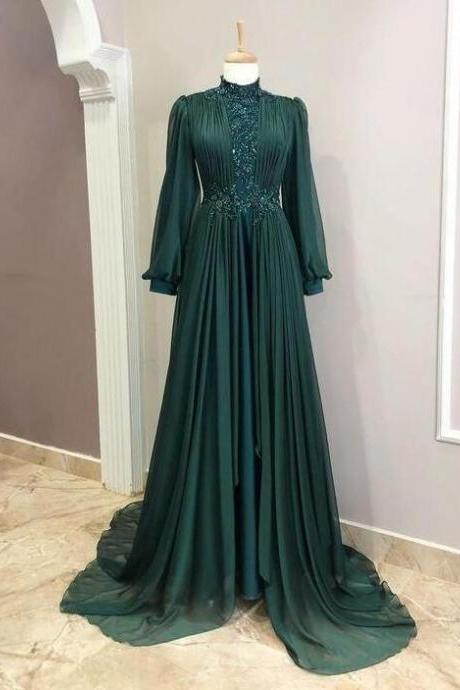 A Line High Neck Long Sleeves Green Prom Dresses