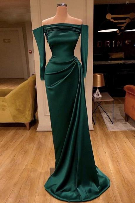 Simple Off Shoulder Long Sleeves Dark Green Evening Dresses
