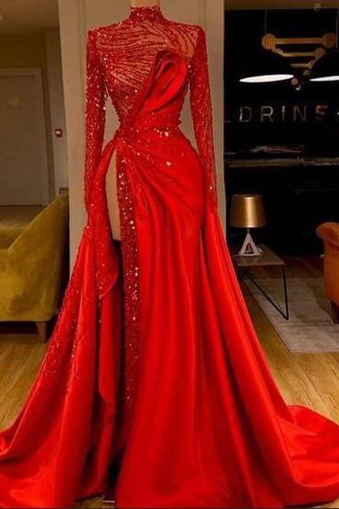 Elegant Sparkly Red Long Sleeve Prom Dresses