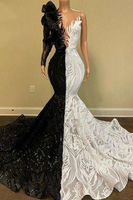 Mermaid Sparkly Black And White Sequin Long Prom Dress