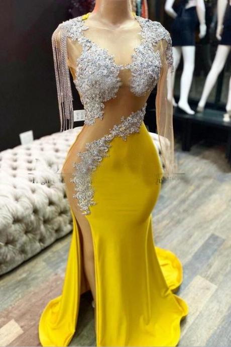 Arabic Yellow Tassel Side Slit Evening Dresses