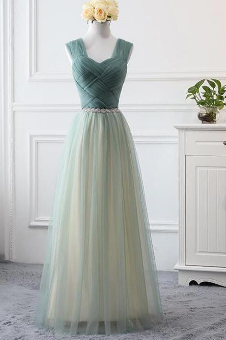A Line Square Tulle Long Bridesmaid Dresses