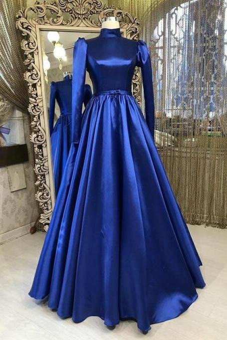 A Line High Neck Royal Blue Prom Dresses With Long Sleeves