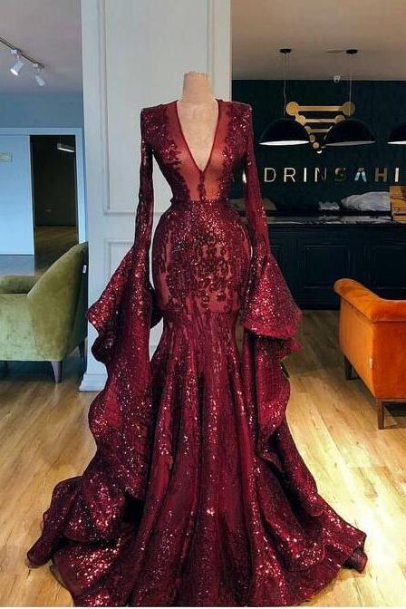 Modest Burgundy Luxury Sparkly Evening Dress