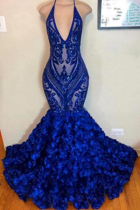 Sparkly Royal Blue V Neck Evening Dress