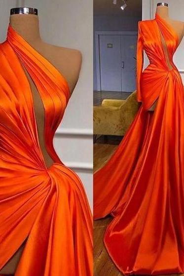 Modest One Shoulder Stain Split Orange Prom Dresses