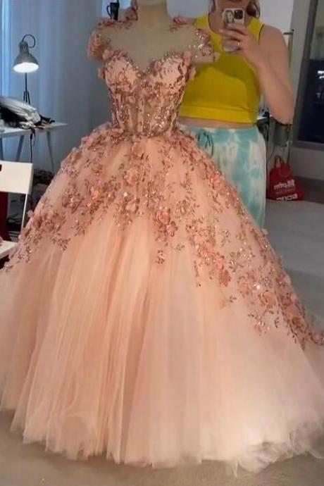 Ball Gown Tulle 3d Flowers Prom Dresses With Cap Sleeves