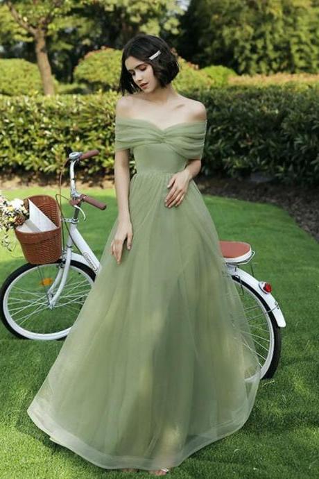 Simple A Line Green Tulle Long Bridesmaid Dress