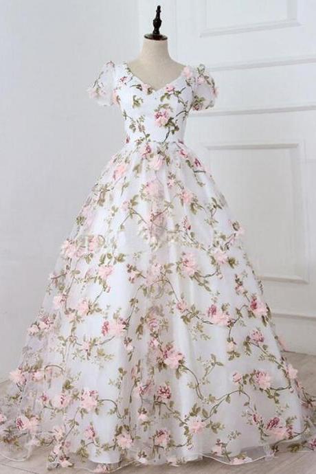 Ball Gown White V Neck 3d Flowers Long Prom Dress