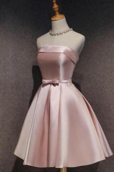 Cute Knee Length Pink Satin Short Prom Homecoming Dress