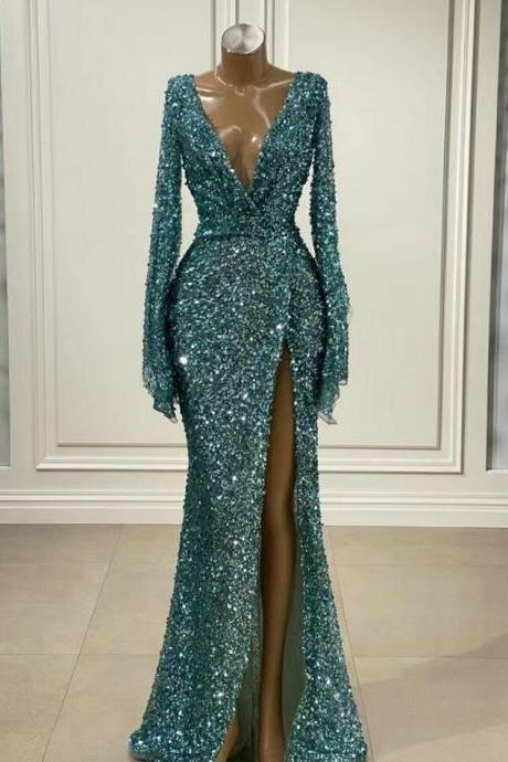 Sparkly Mermaid Glitter Prom Dresses With Long Sleeves