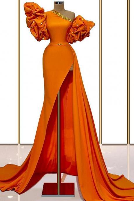 Mermaid Orange One Shoulder Stain Prom Dresses With Beading