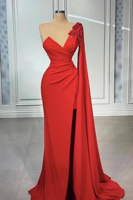 Simple Elegant One Shoulder Red Evening Dresses