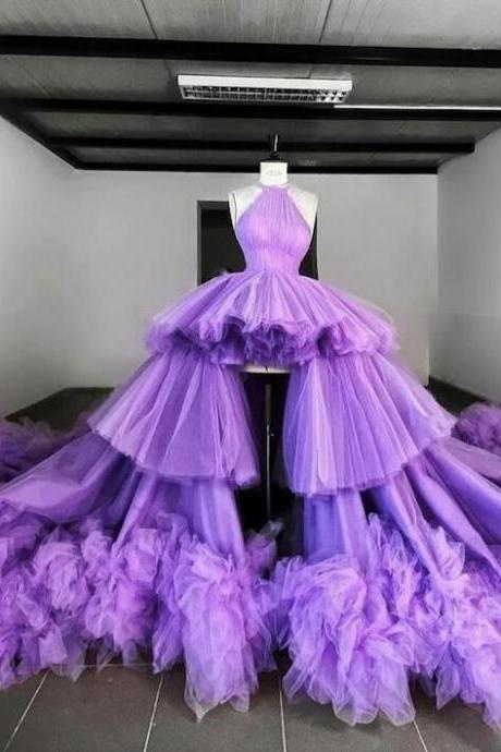 Elegant Halter Purple Tulle High Low Prom Dress