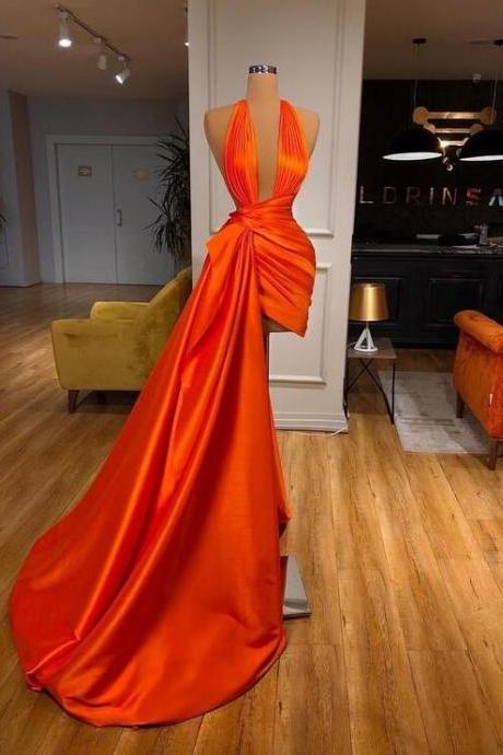 Sexy Halter Mermaid Orange Strain Prom Dresses