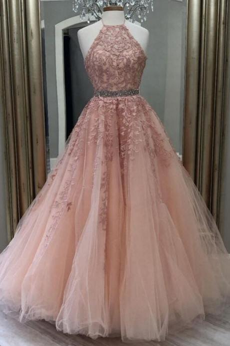 Halter Lace Applique Pink Prom Dresses