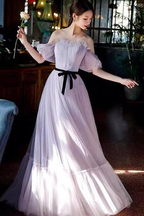 A Line Purple Tulle Prom Dresses