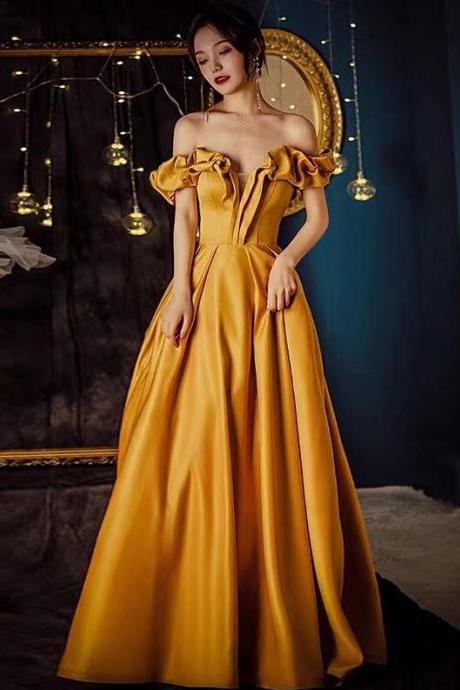 Off The Shoulder Yellow Satin Prom Dresses