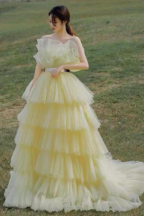 Mermaid Ball Gown Tulle Prom Dresses, Yellow Prom Dresses