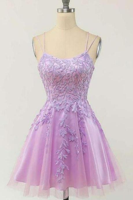 A Line Pink Short Tulle Prom Dresses