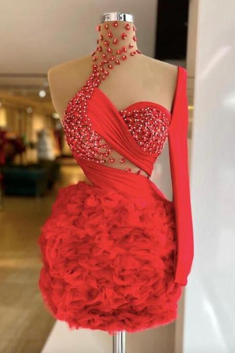Sexy One Shoulder Short Red Prom Dress With Beading