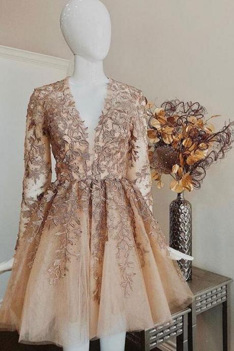 Vintage Gold Lace Short Prom Dresses