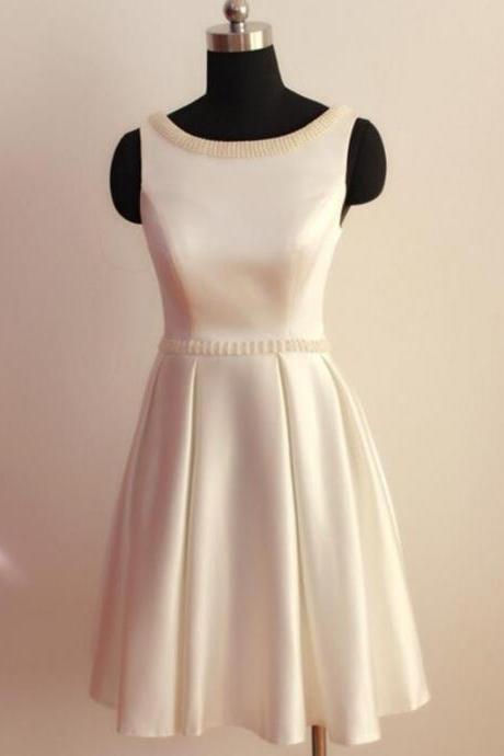 Crew Neck Pearl Embellished Ivory Satin Sleeveless Knee Length Prom Dress