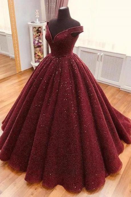 Off The Shoulder Ball Gown Burgundy Sequins Prom Dresses