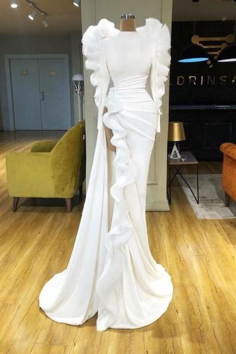 Vintage Crew Neck Ruffle Prom Dresses With Side Slit