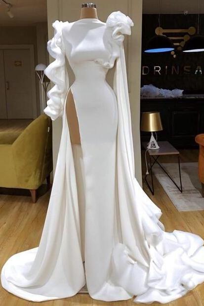 Mermaid Side Slit White Ruffle Prom Dresses