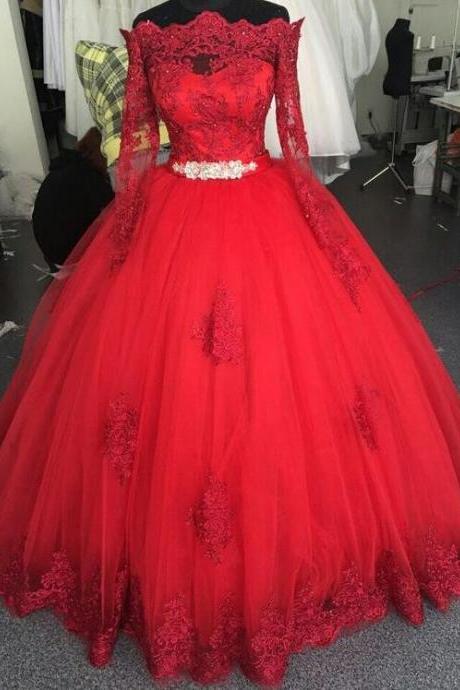 Vintage Red Long Sleeve Prom Dresses With Lace