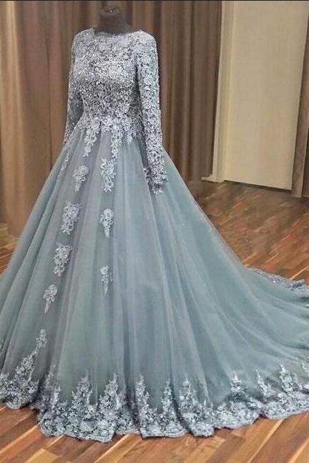 Mermaid Ball Gown Long Sleeve Prom Dresses With Sliver Lace