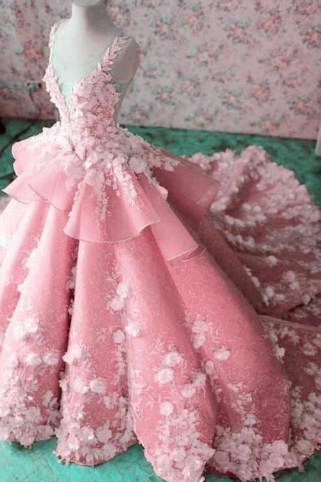 Mermaid Ball Gown Hand Made Flowers Pink Prom Dresses