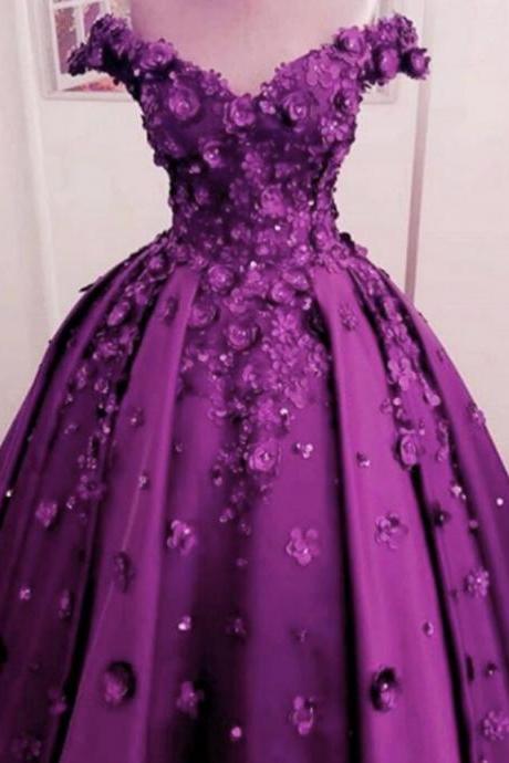 Ball Gown Purple Prom Dresses Hand Made Flowers Evening Dresses