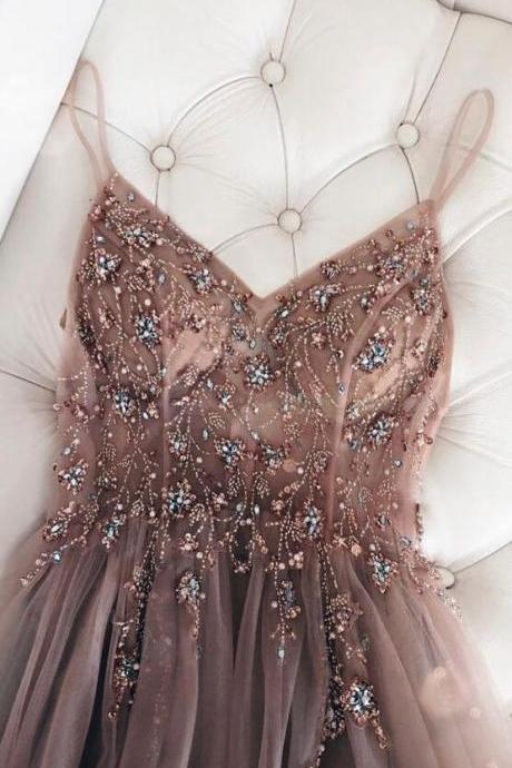 A Line Tulle Prom Dresses With Beading