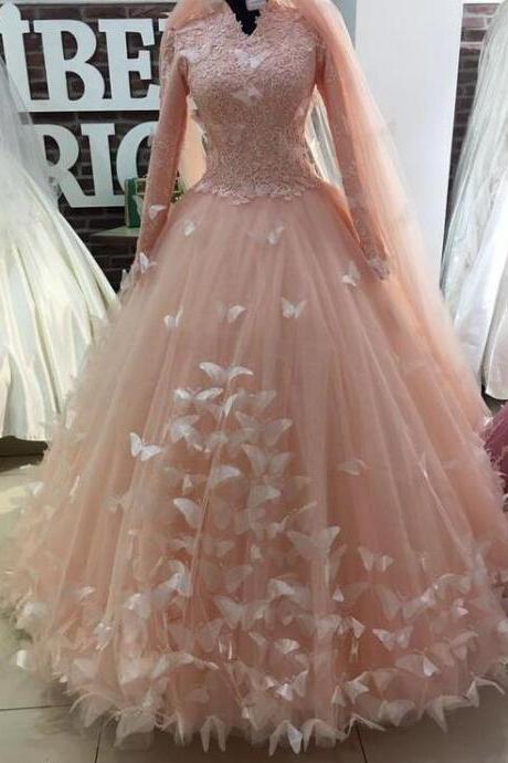 Floor Length Pink Tulle Flowers Prom Dresses
