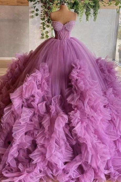 Ball Gown Sweetheart Ruffle Pink Tule Prom Dresses