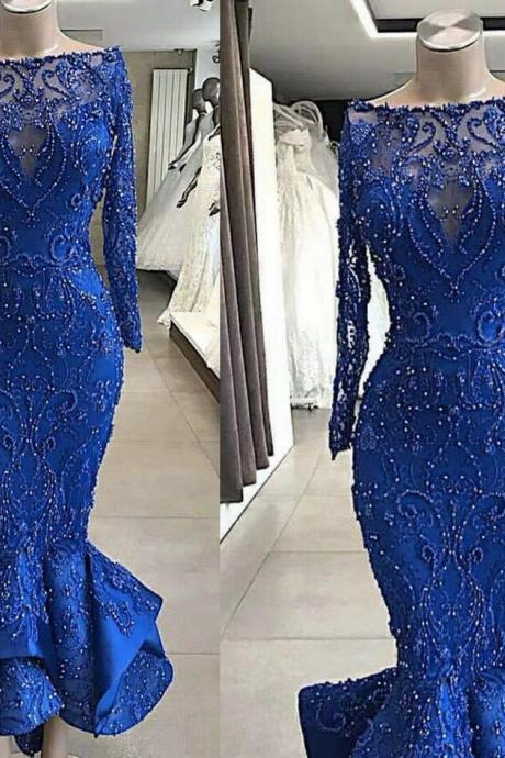 Sexy Royal Blue Pearls Prom Dresses