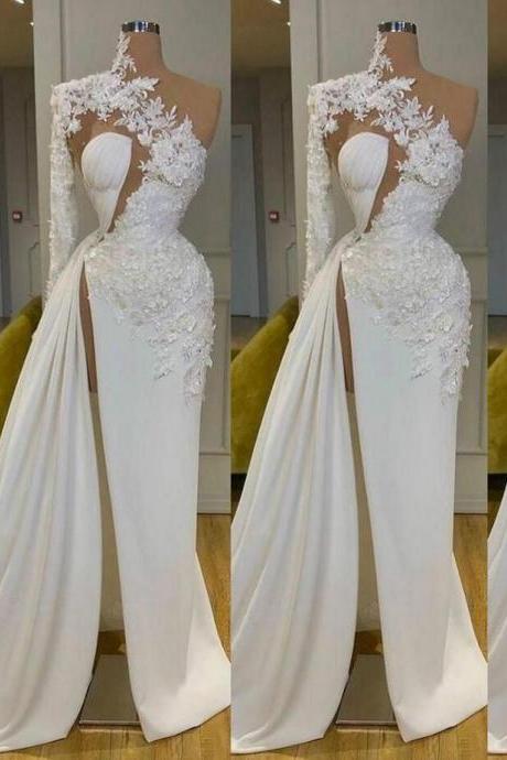 One Shoulder High Neck Lace Long Sleeve Prom Dresses